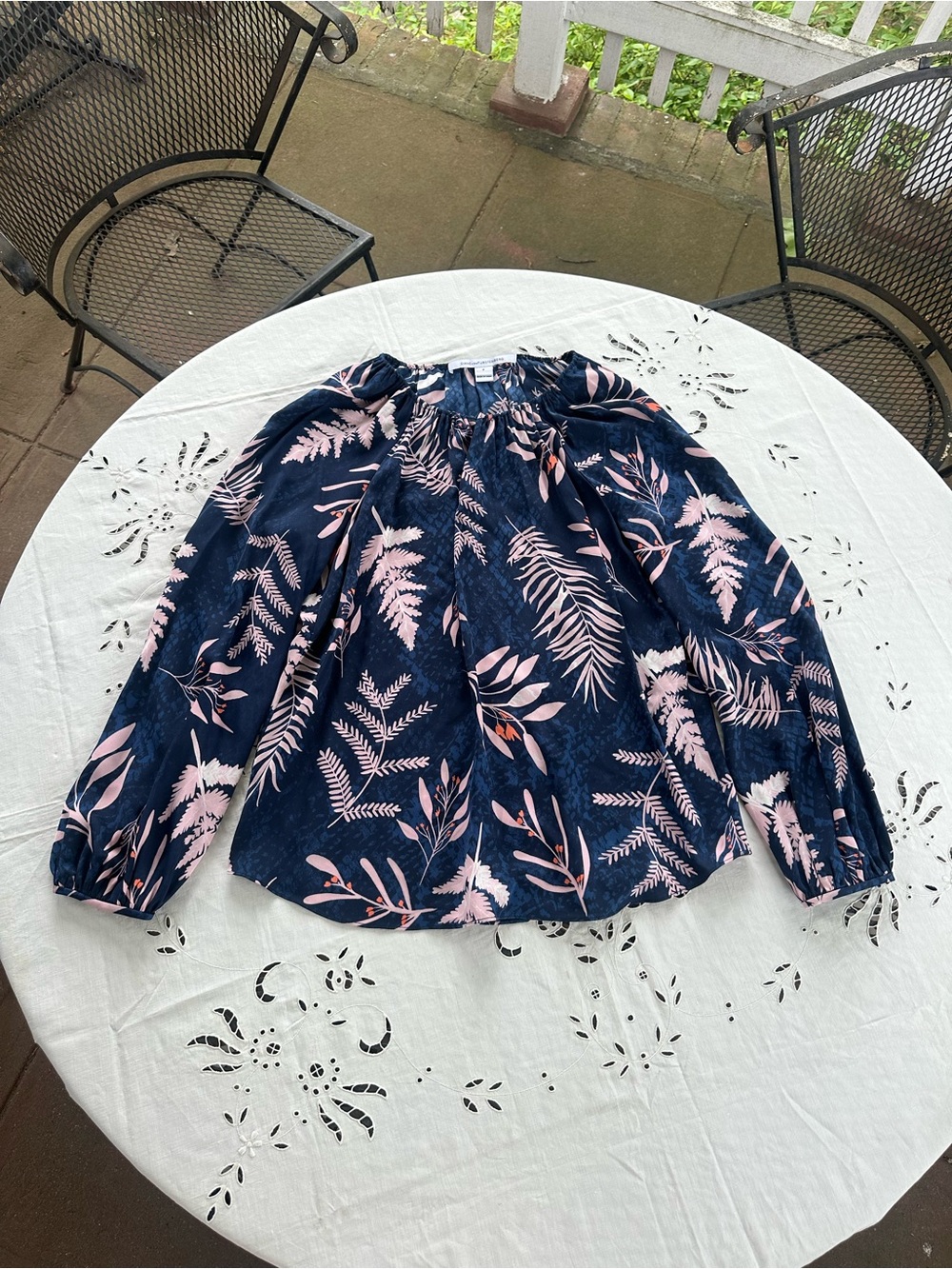 Diane von Furstenberg Silk Navy Top with Pink Botanical Print